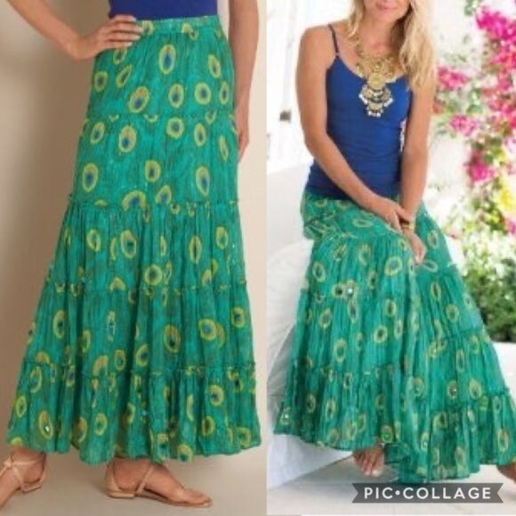 Soft Surroundings Dresses & Skirts - Soft Surroundings | Large Peacock Sequin Metallic Tiered Pull On Long Maxi Skirt